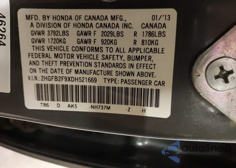 2013 Honda Civic Ex-L z USA, uszkodzony, nr VIN 2HGFB2F9XDH521669